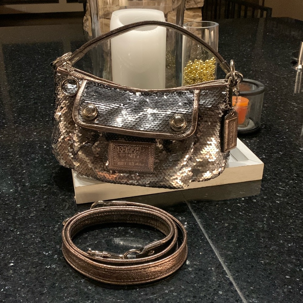RARE COACH POPPY Vintage Y2K silver sequin crossbody with detachable strap EUC